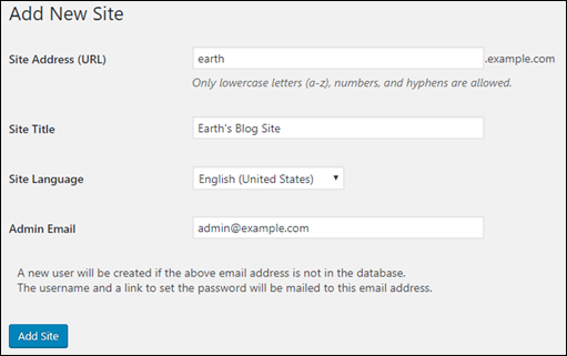 Tambahkan situs baru di dasbor WordPress administrasi.