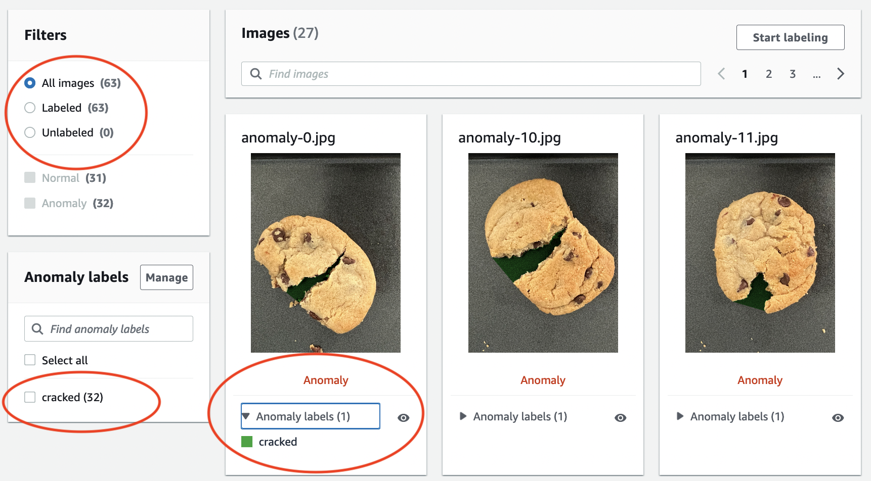 Image labeling interface showing three chocolate chip cookies with cracks, labeled as anomalies.