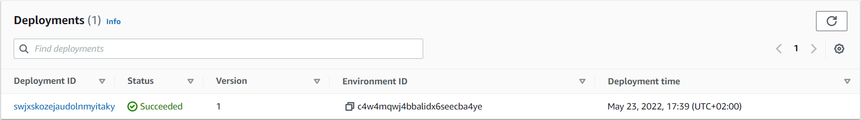 Halaman Deployment Modernisasi AWS Mainframe yang menampilkan status penerapan Succeeded.