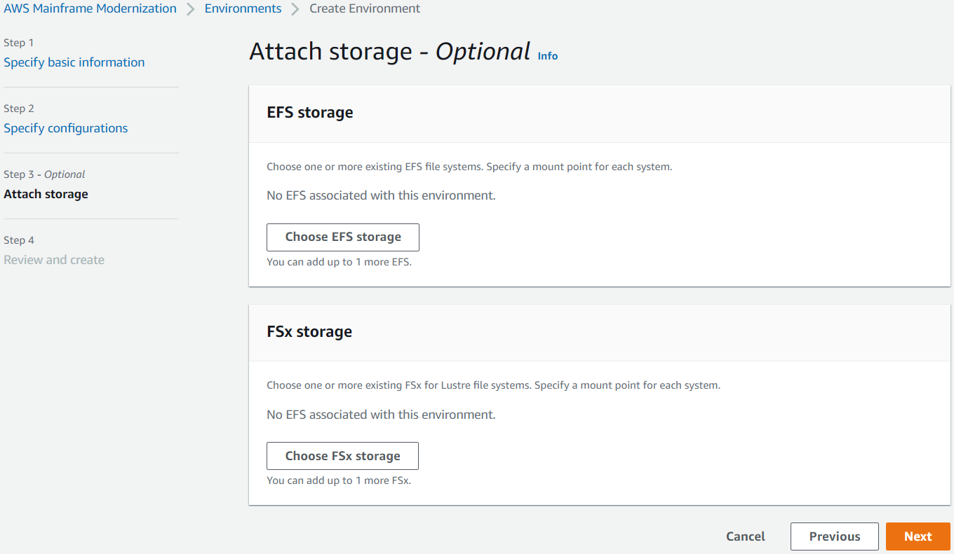 Halaman Attach storage dengan nilai default yang diterapkan.