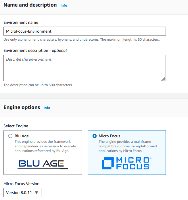 Nama lingkungan runtime, deskripsi, dan bagian versi mesin.