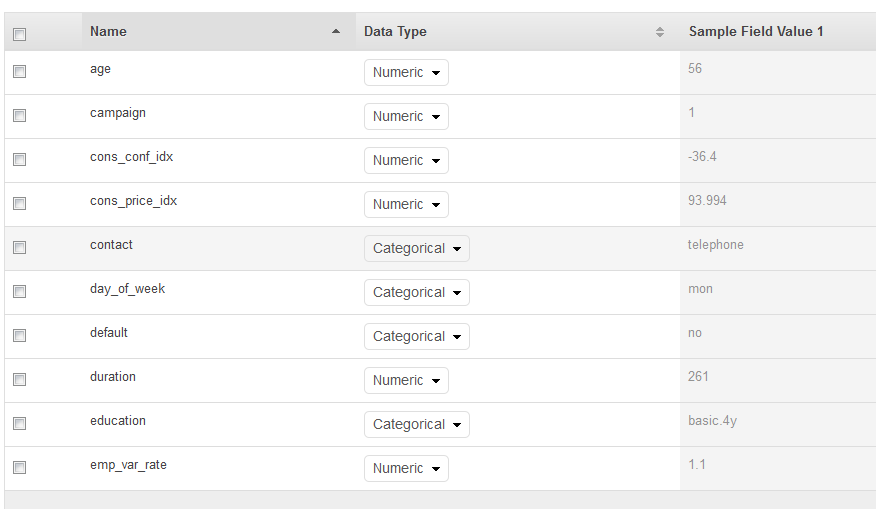 Data table showing fields like age, campaign, and contact with their data types and sample values.