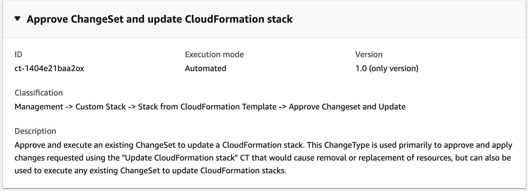 ChangeSet detail yang menunjukkan ID ct-1404e21baa2ox, mode eksekusi otomatis, dan versi 1.0.