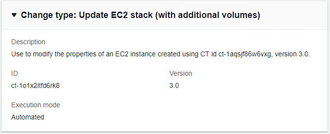 Perubahan detail ketik yang menunjukkan Perbarui tumpukan EC2 dengan ID ct-1o1x2itd6rk8, versi 3.0, eksekusi otomatis.