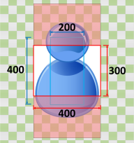 Diagram showing a blue figure with dimensions: 200 height, 300 width, 400 total height.