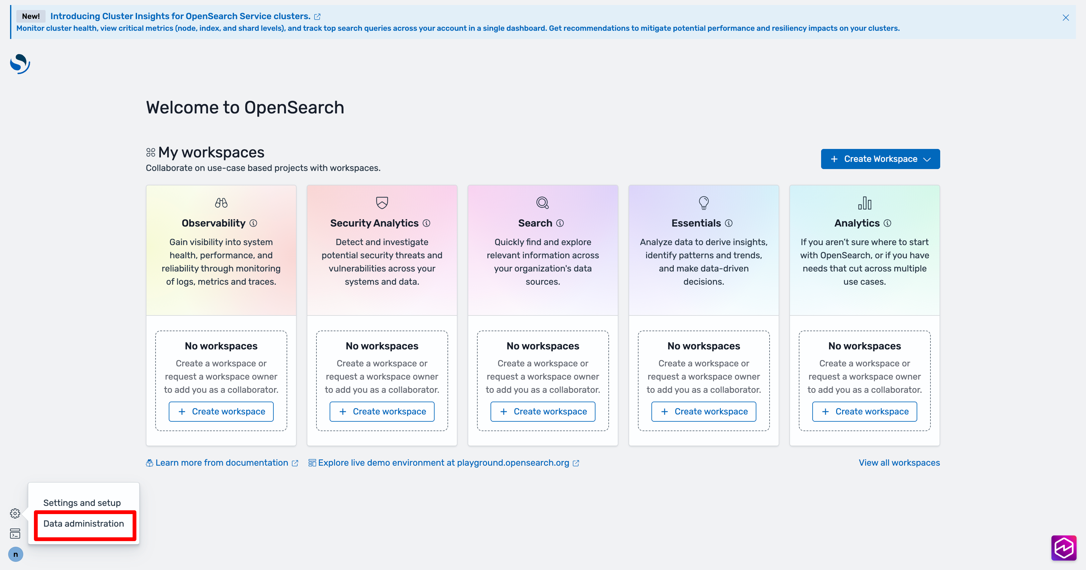 Opsi administrasi data disorot di menu navigasi kiri.