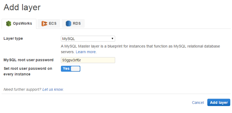 Add layer interface for MySQL database setup with OpsWorks, ECS, and RDS options.