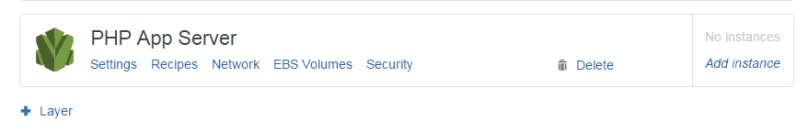 PHP App Server layer settings with options for Recipes, Network, EBS Volumes, and Security.