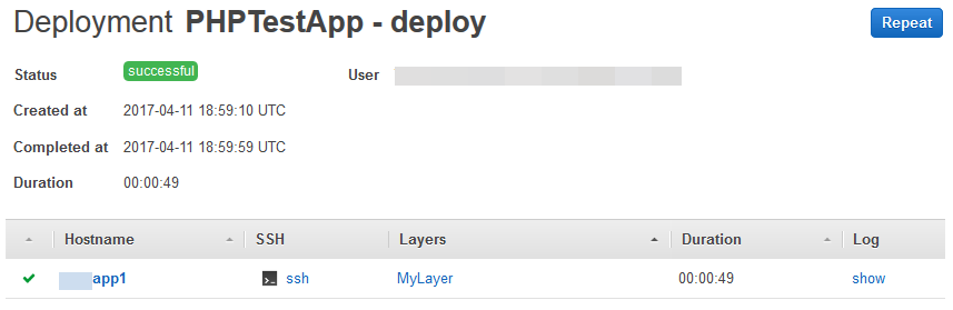 Deployment status page showing successful deployment of PHPTestApp with details.