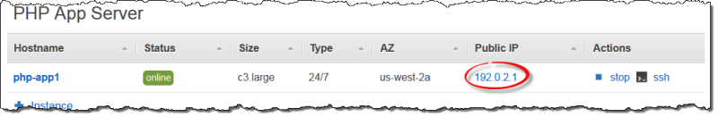 PHP App Server instance details showing hostname, status, size, and public IP address.