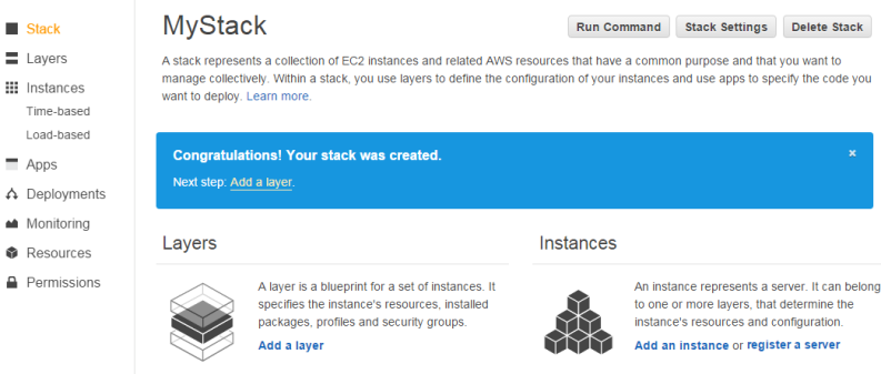 MyStack page showing successful stack creation and options to add layers and instances.