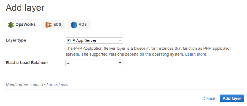 Add layer interface showing PHP App Server layer type selection and Elastic Load Balancer option.