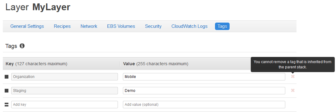 Tags interface showing inherited and editable fields for Organization and Staging keys.