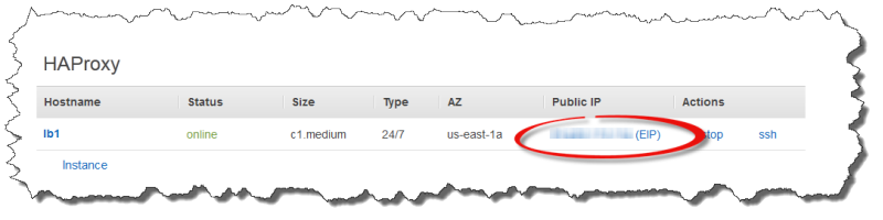 HAProxy instance table showing hostname, status, and public IP address with EIP highlighted.