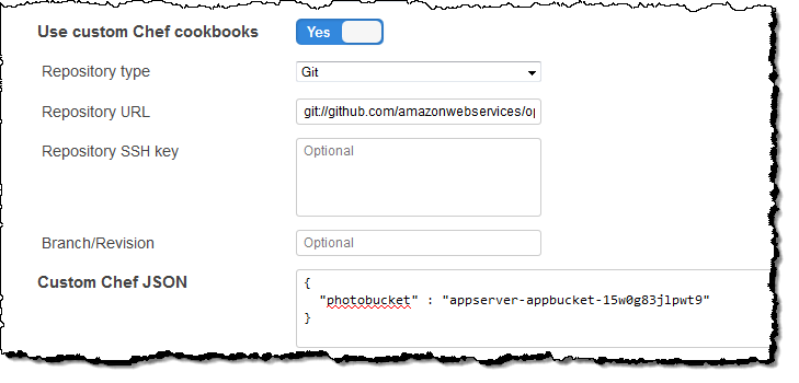 Custom Chef cookbook configuration with Git repository and JSON settings.