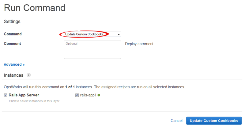 Run Command interface showing Update Custom Cookbooks option and instance selection.