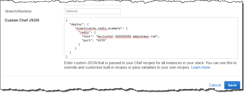 Custom Chef JSON input field for configuring ElastiCache Redis instance details.