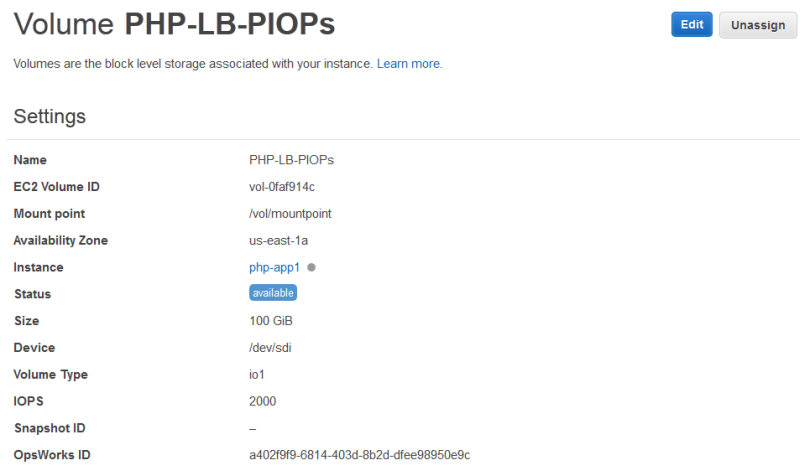 Volume details page showing settings for PHP-LB-PIOPs, including EC2 Volume ID and mount point.