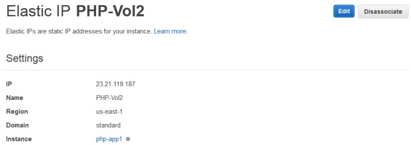 Elastic IP details page showing settings for PHP-Vol2 with IP address and instance information.