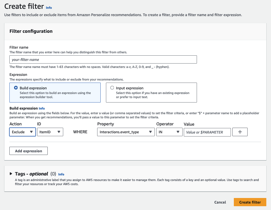 Menggambarkan halaman buat filter dengan nama filter dan bidang ekspresi.