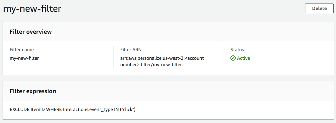 Menggambarkan halaman detail filter dengan ARN dan ekspresi filter.