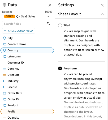 Dataset fields and sheet layout options for SPICE Q - SaaS Sales, including Free-form layout details.