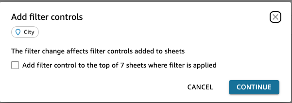 Ini adalah gambar dialog Tambahkan kontrol filter di QuickSight.