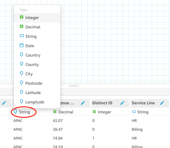 Data type selection dropdown showing various options like Integer, Decimal, String, and geographic types.