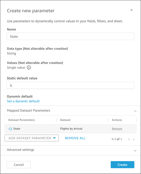 Form to create a new parameter with fields for name, data type, values, and dataset mapping.