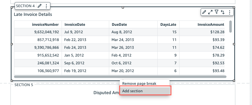 Table showing late invoice details with options to remove page break or add section.