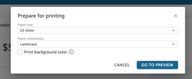 Print settings dialog with paper size, orientation, and background color options.