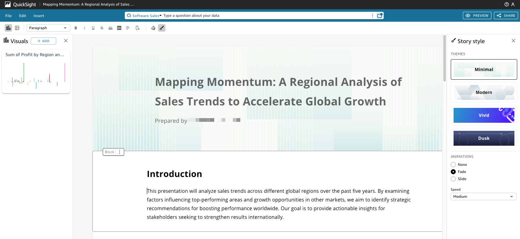 QuickSight interface showing a data story titled "Mapping Momentum: A Regional Analysis of Sales Trends".