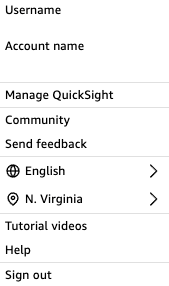 User profile menu options including account management, language, location, and help resources.