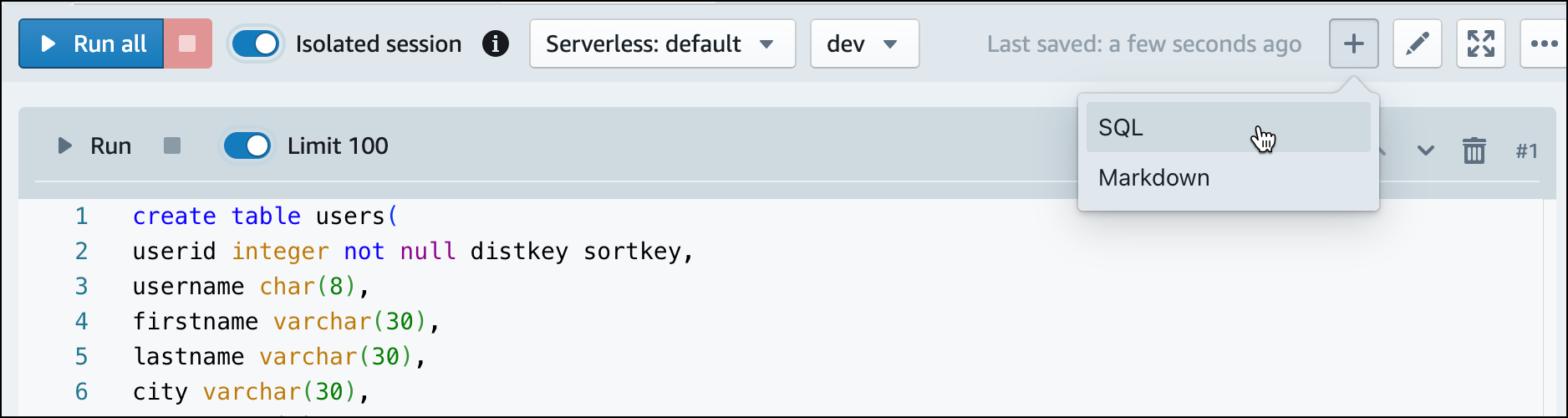 Buat SQL sel baru di editor kueri v2 untuk menjalankan SQL perintah.