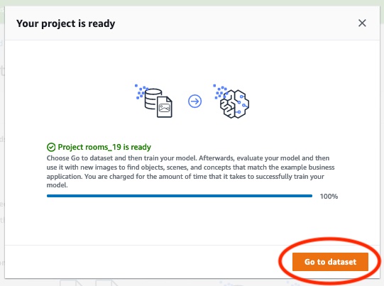 Panel status ruang proyek dengan tombol “Pergi ke kumpulan data” untuk mengakses data setelah pelatihan model selesai.