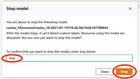 Kolom input dengan “stop” dimasukkan, dan tombol Stop untuk mengonfirmasi penghentian model.