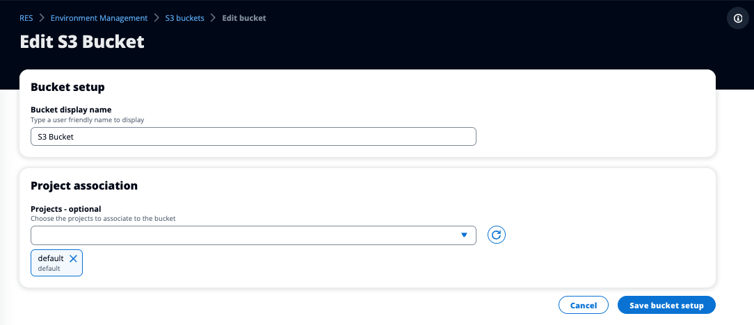 Halaman Edit S3 Bucket dengan nama tampilan dan bidang asosiasi proyek dimasukkan dan tombol Save bucket setup disorot