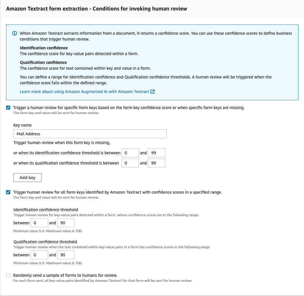 Ekstraksi formulir Amazon Textract - Ketentuan untuk memanggil bagian tinjauan manusia dari konsol Amazon A2I