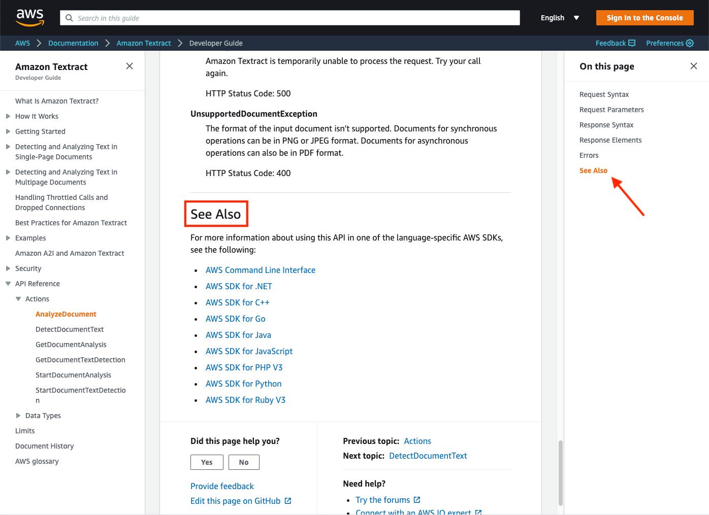 Screenshot dari bagian Lihat Juga pada dokumentasi Amazon Textract API