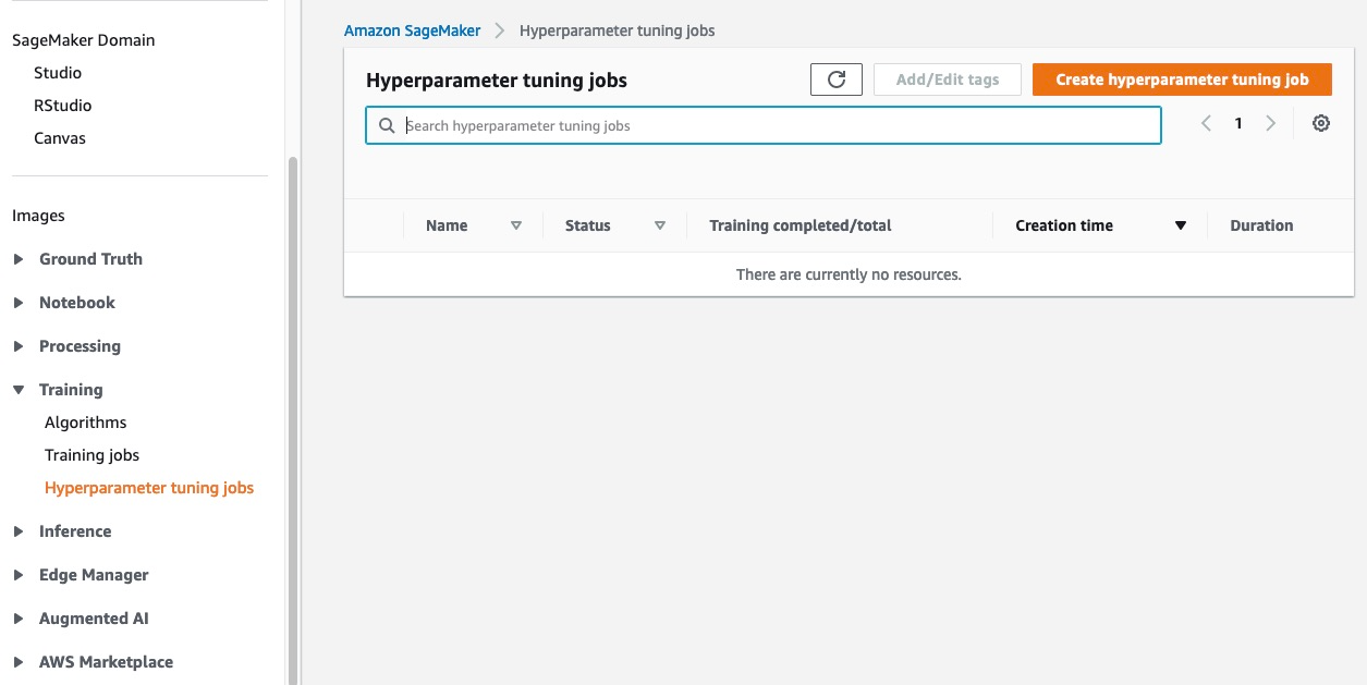 Konsol pekerjaan tuning hyperparameter.