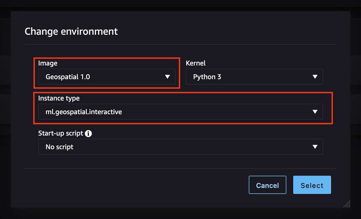 Tinju dialog yang menunjukkan gambar geospasial yang benar dan jenis instance yang dipilih.