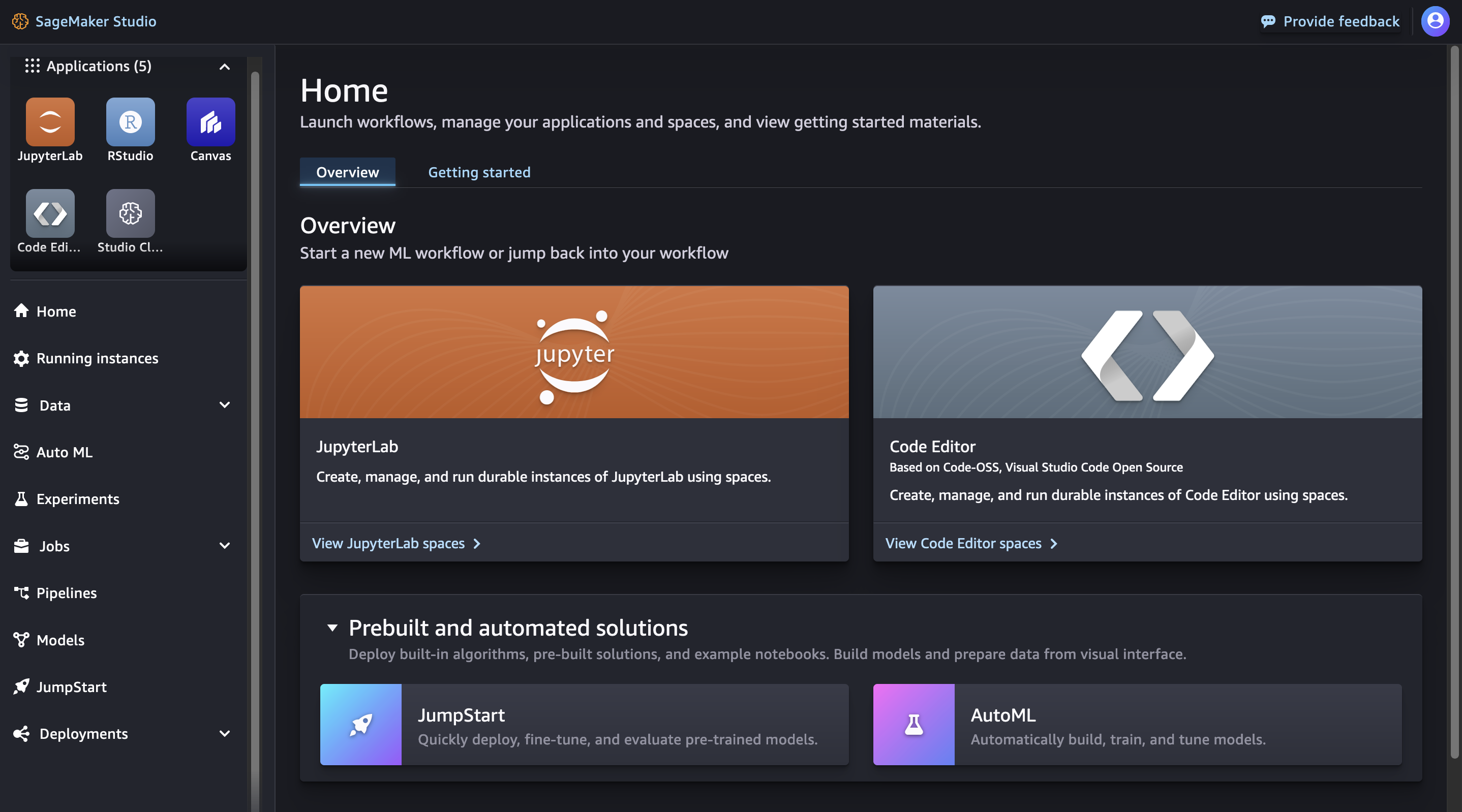 Antarmuka Amazon SageMaker Studio dengan akses ke JumpStart.
