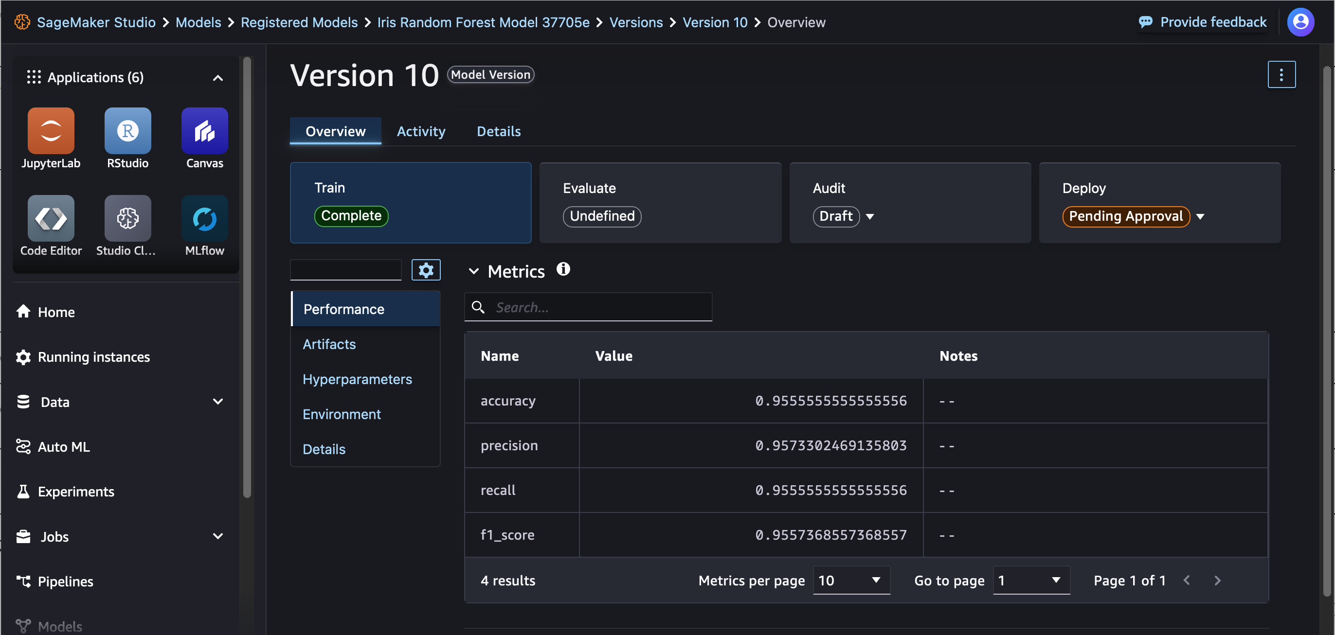 MLflow model terdaftar di SageMaker Model Registry di UI Studio.