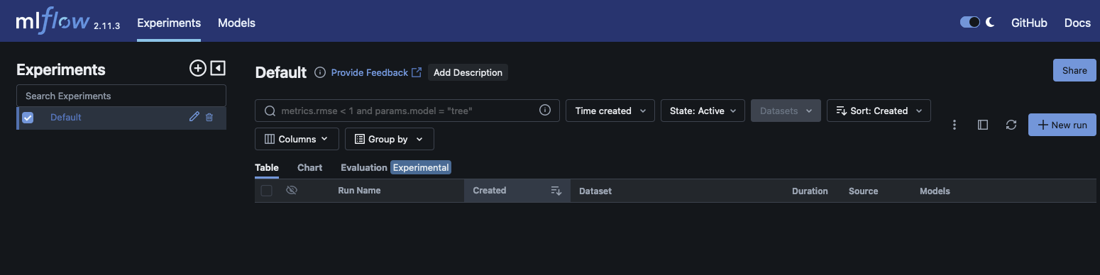 UI MLFlow yang diluncurkan setelah membuat dan menggunakan URL yang telah ditetapkan sebelumnya