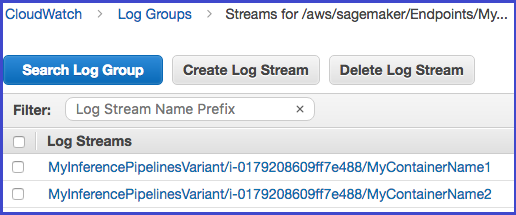 Aliran CloudWatch log untuk pipa inferensi.