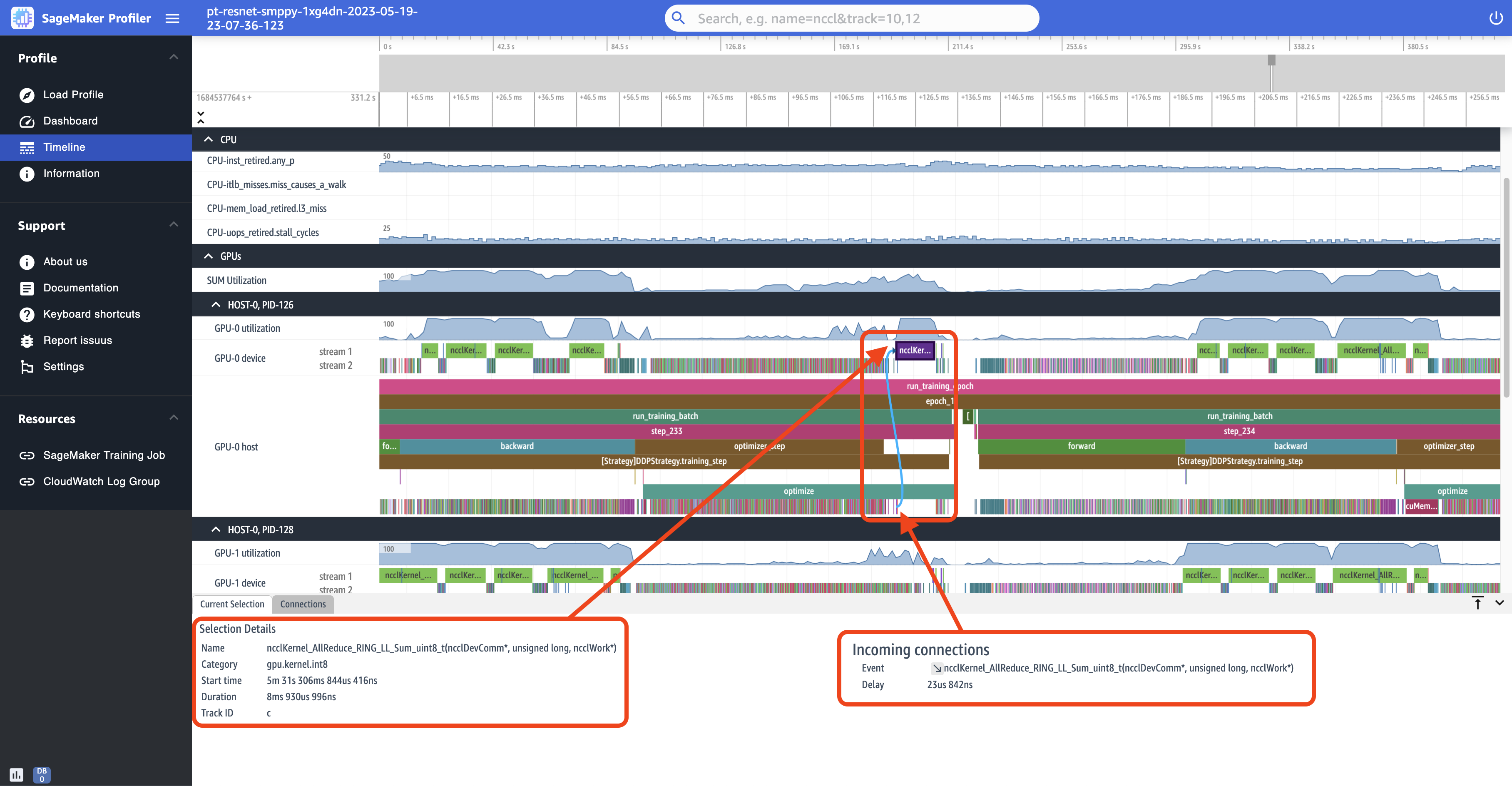 Screenshot dari halaman Timeline di UI SageMaker Profiler