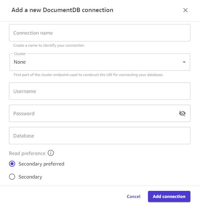 Tangkapan layar dari kotak dialog Tambahkan koneksi DocumentDB baru di Canvas.