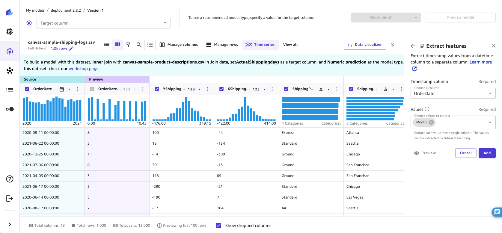 Tangkapan layar kotak ekstraksi datetime di aplikasi SageMaker Canvas.