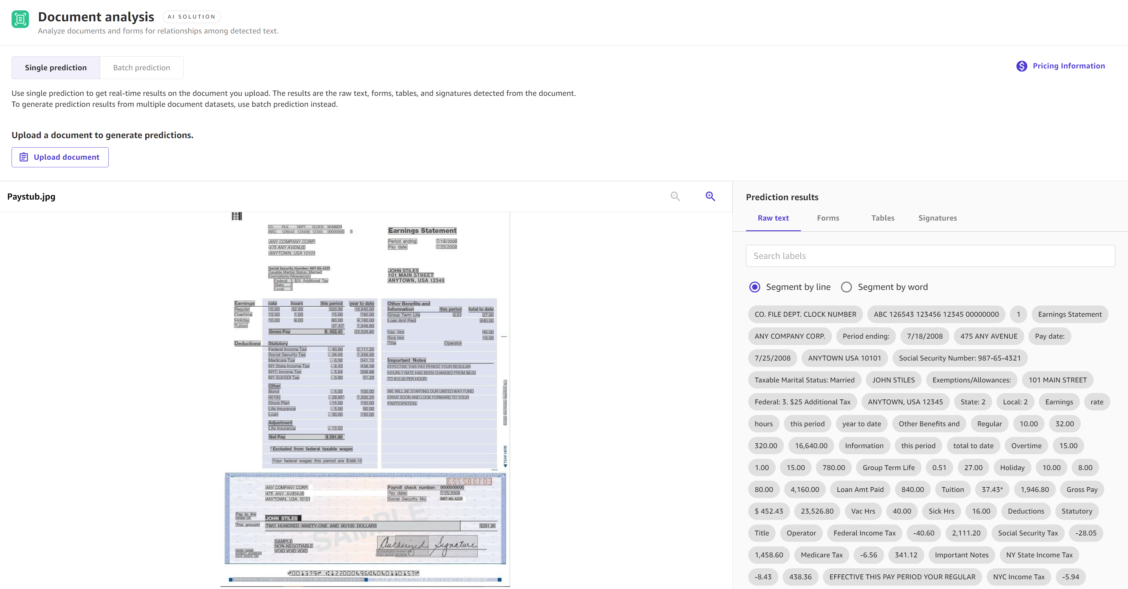 Screenshot dari hasil prediksi tunggal dengan Ready-to-use model analisis dokumen.