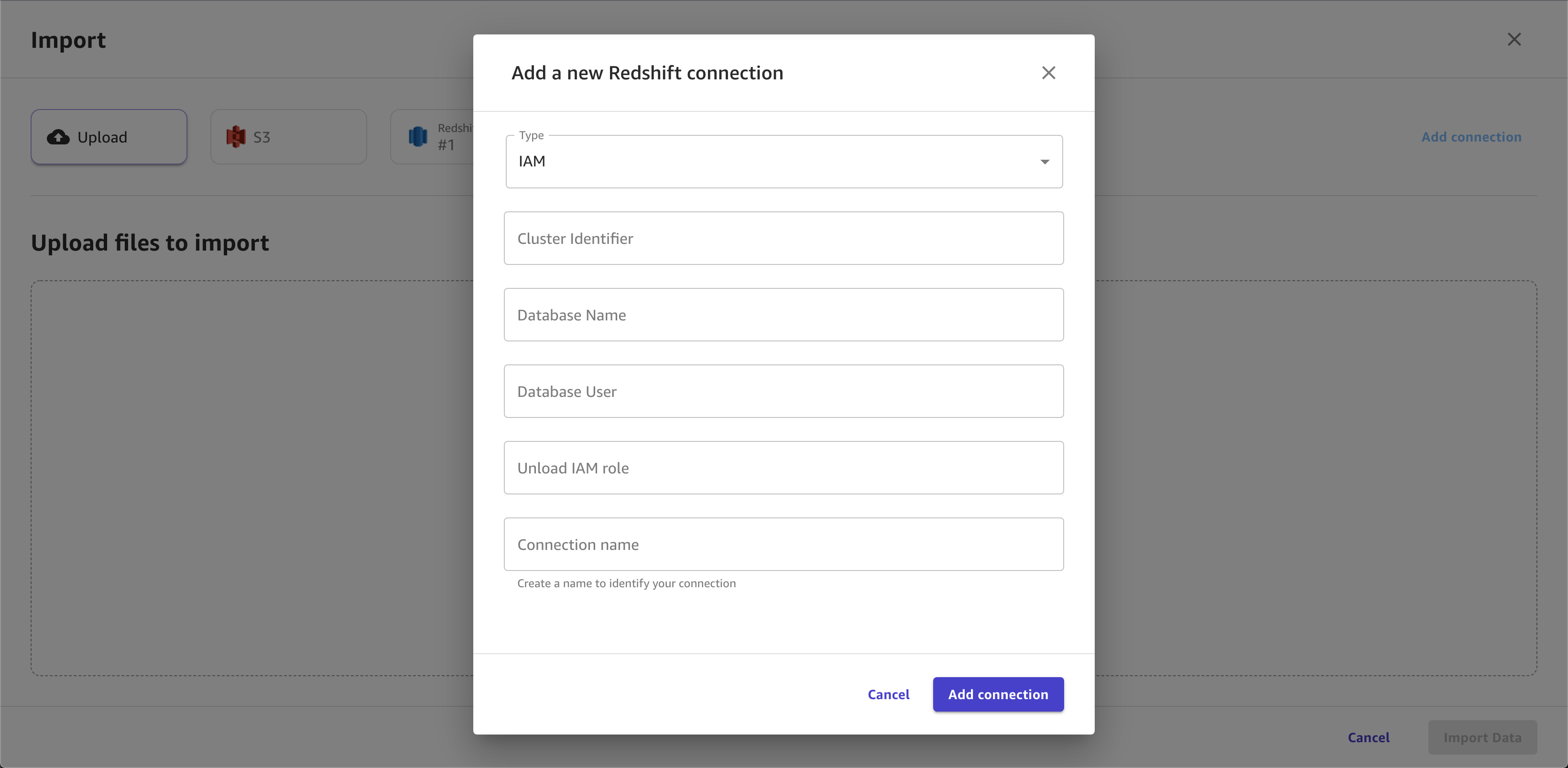 Tangkapan layar dari kotak dialog Tambahkan koneksi Redshift baru di Canvas.